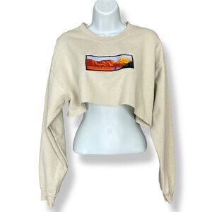 Crop Top Sweatshirt Embroidered Scene Mountains Lake Boat DIY FLAWS Long Sleeves